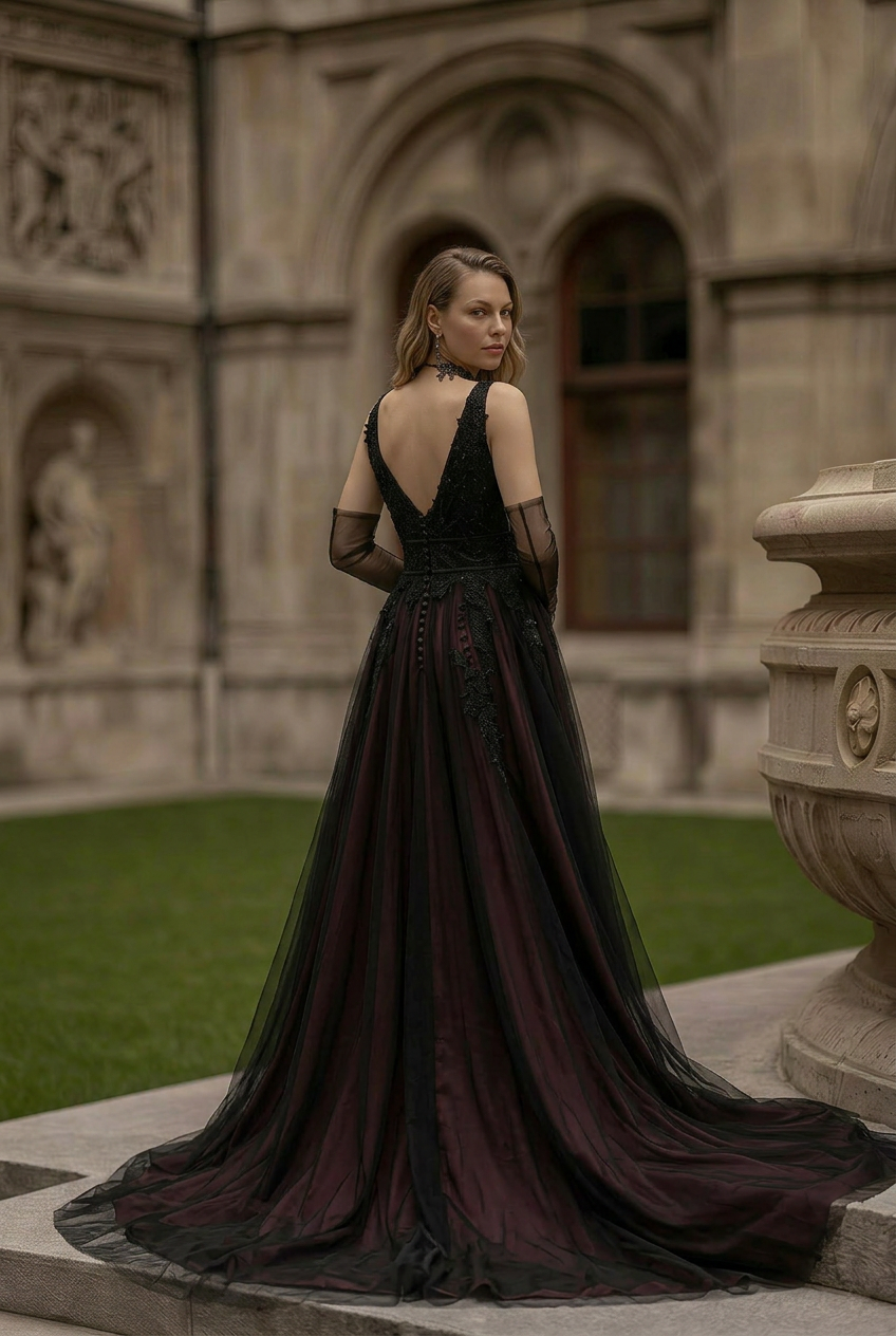 Gothic Black Lace A-Line Wedding Dress with V-Neck