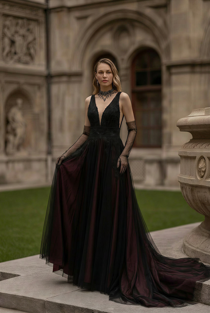 black lace train dress Gothic A-Line Wedding with V-Neck Ladies Sandals Black Dress NPU-Deejay-202547 Sheer tulle train for Size:Small 14.5” Neck / 32-33” Sleeve