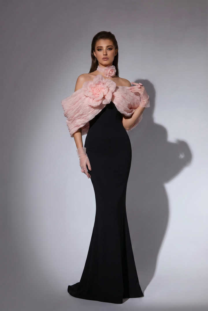Gothic Black Mermaid Dress Evening Gown - Floral Evening Gown with Bow - Black Off the Shoulder Evening Dress Plus Size