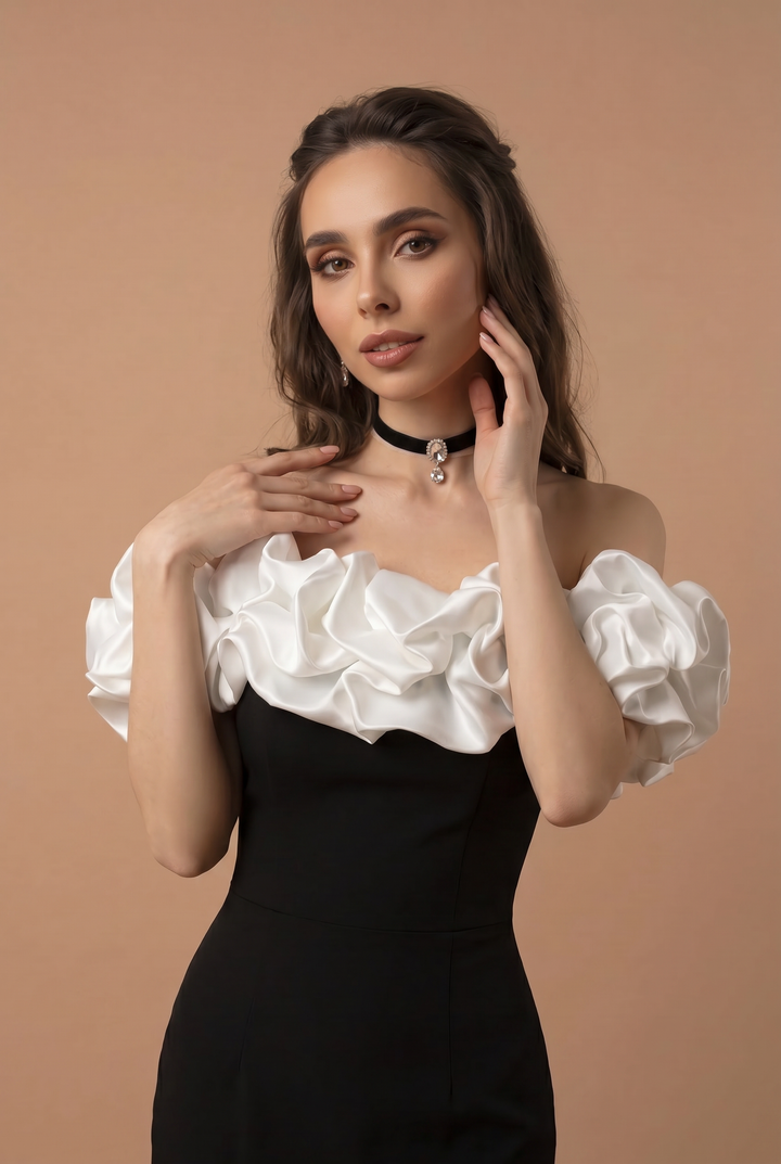 Gothic Black Mermaid Evening Gown - Off the Shoulder Evening Dress with Ruffle Neckline - Black Evening Dresses Plus Size