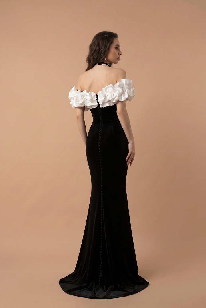 Gothic Black Mermaid Evening Gown - Off the Shoulder Evening Dress with Ruffle Neckline - Black Evening Dresses Plus Size