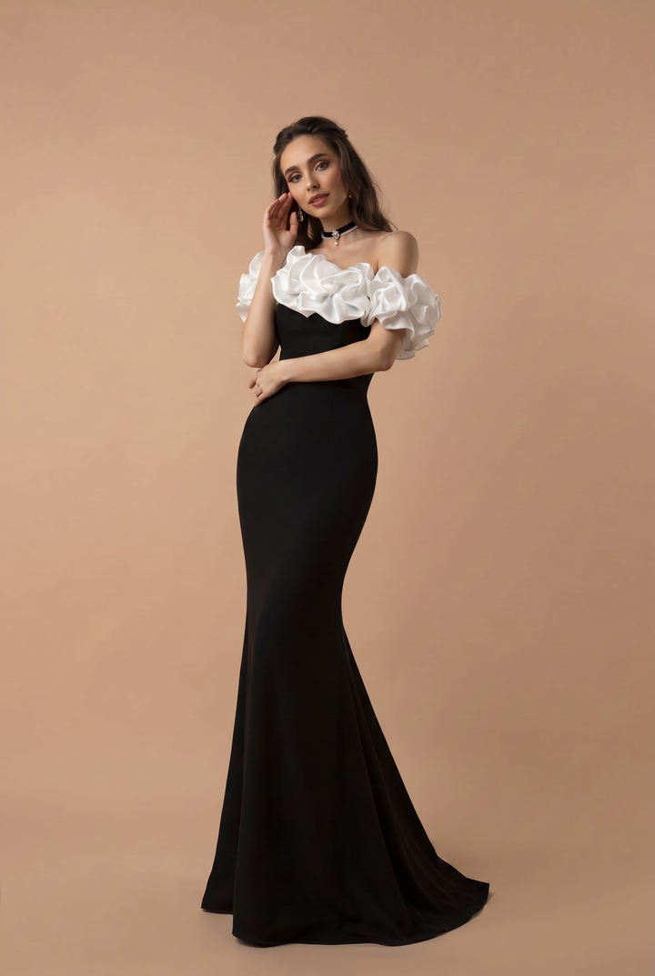 Gothic Black Mermaid Evening Gown - Off the Shoulder Evening Dress with Ruffle Neckline - Black Evening Dresses Plus Size