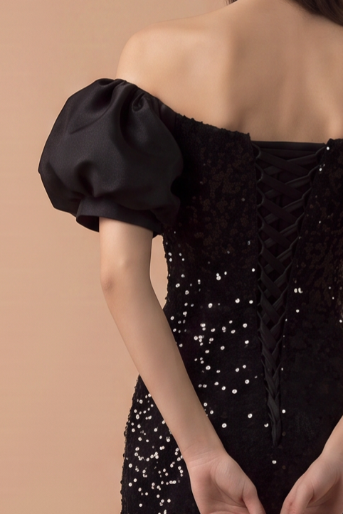 Gothic Black Pretty Sequin Dress with Corset Back - Designer Sequin Gown - Mermaid Dress Evening Gown - Sparkly Maxi Evening Gown Plus Size
