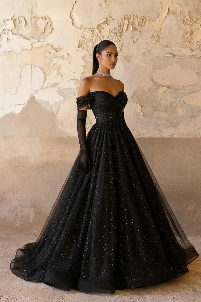 Gothic Black Sequin Ball Gown - Off-Shoulder Bridal Gown with Corset Plus Size