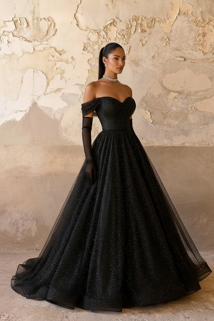 Gothic Black Sequin Ball Gown - Off-Shoulder Bridal Gown with Corset Plus Size