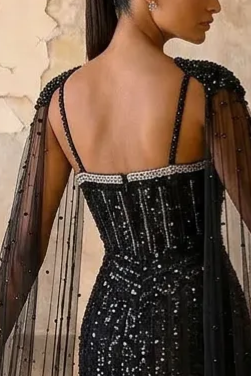 Gothic Black Sequin Evening Dress with Long Cape Sleeves - Black Beaded Gown Plus Size