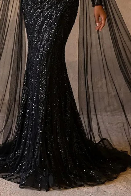 Gothic Black Sequin Evening Dress with Long Cape Sleeves - Black Beaded Gown Plus Size