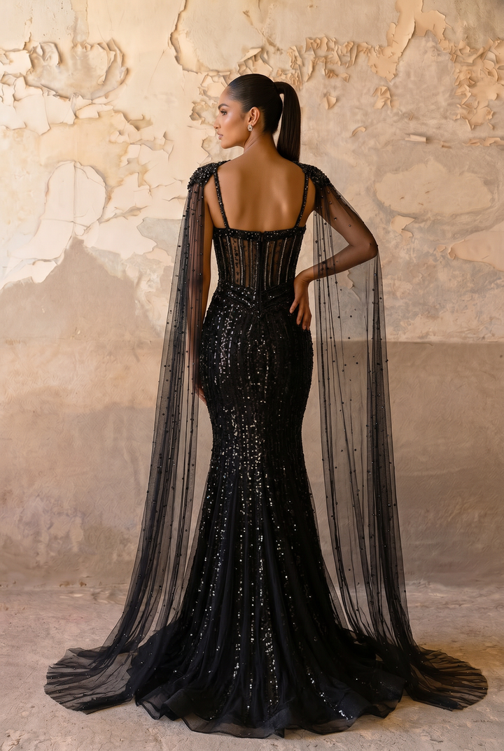 Gothic Black Sequin Evening Dress with Long Cape Sleeves - Black Beaded Gown Plus Size