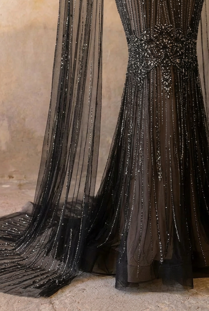 Gothic Black Sequin Evening Gown - Black Glitter Dress Long - Pretty Sequin Dress with Dramatic Sleeves Plus Size
