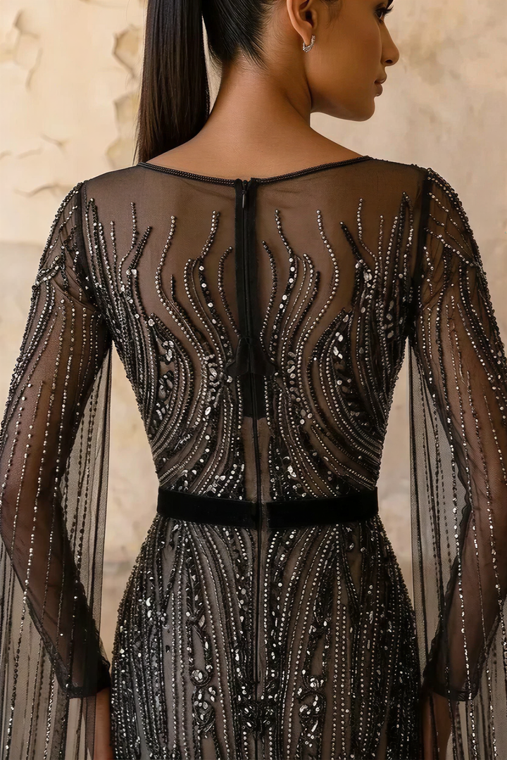 Gothic Black Sequin Evening Gown - Black Glitter Dress Long - Pretty Sequin Dress with Dramatic Sleeves Plus Size