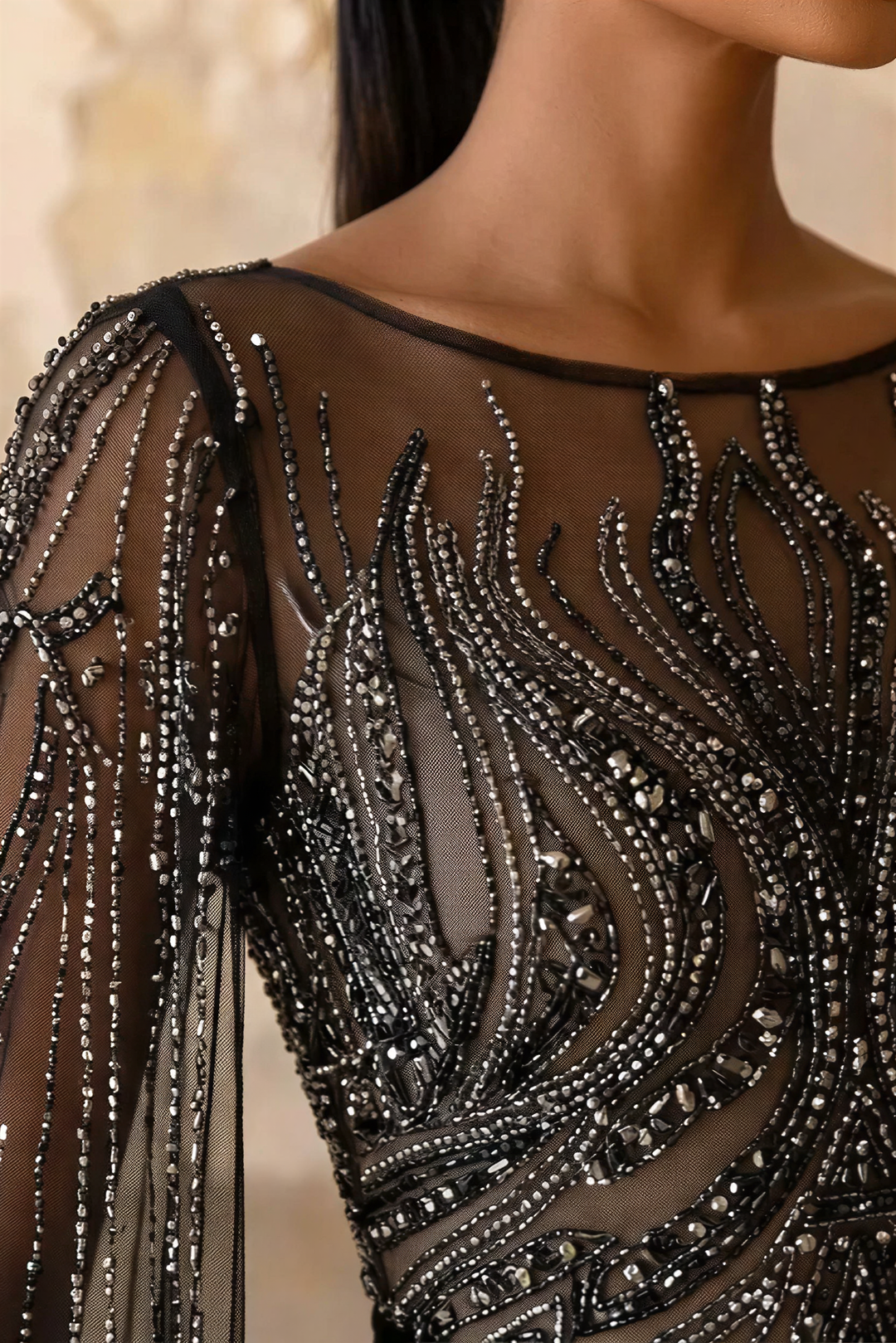 Gothic Black Sequin Evening Gown - Black Glitter Dress Long - Pretty Sequin Dress with Dramatic Sleeves Plus Size