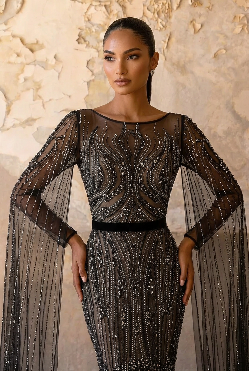 Gothic Black Sequin Evening Gown - Black Glitter Dress Long