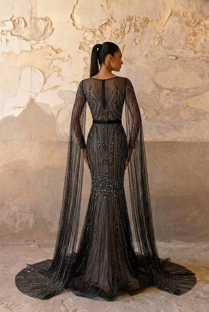 Gothic Black Sequin Evening Gown - Black Glitter Dress Long - Pretty Sequin Dress with Dramatic Sleeves Plus Size