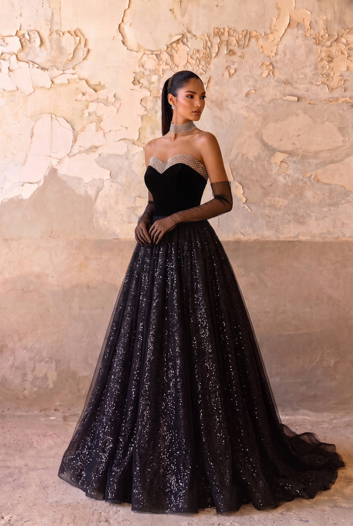Gothic Black Sequin Tulle Wedding Dress with Velvet Bodice -Black Corset Ball Gown Plus Size