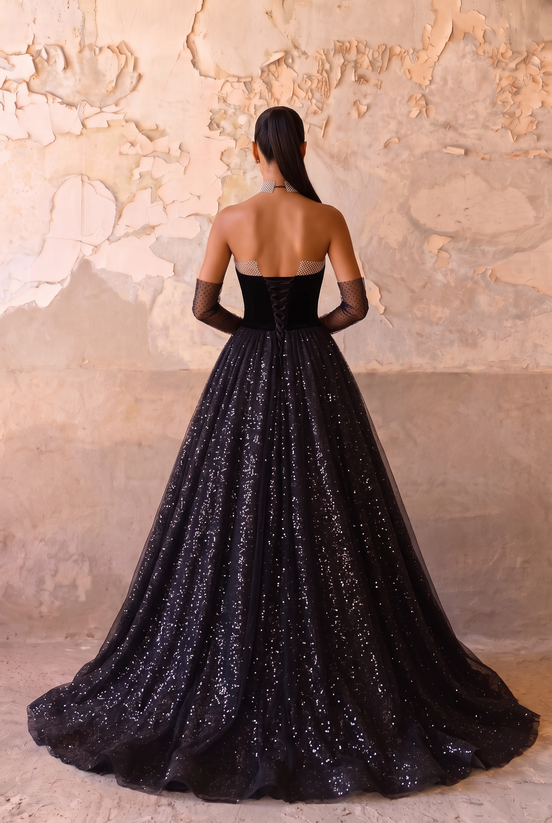 Gothic Black Sequin Tulle Wedding Dress with Velvet Bodice -Black Corset Ball Gown Plus Size