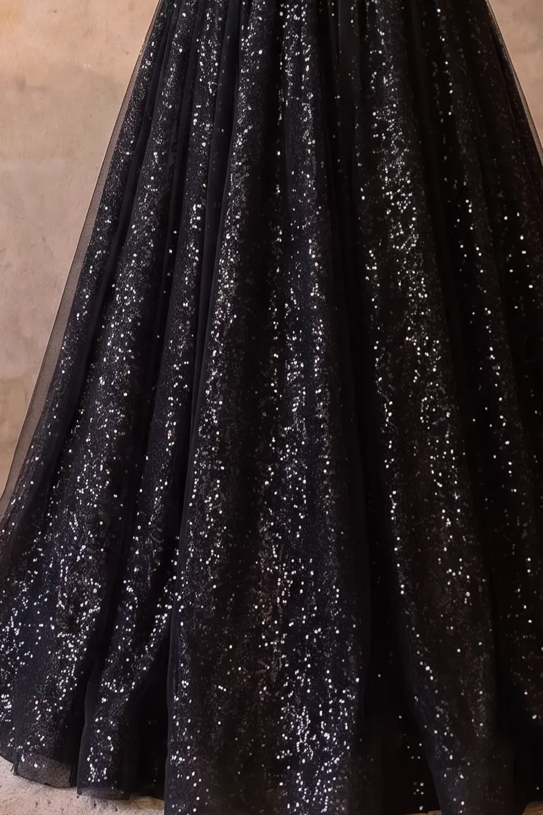 Gothic Black Sequin Tulle Wedding Dress with Velvet Bodice -Black Corset Ball Gown Plus Size