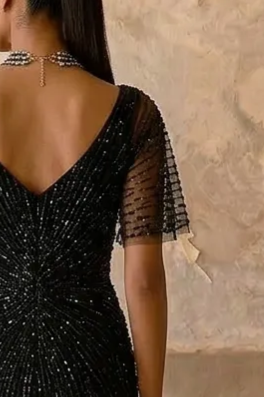 Gothic Black Sequin and Feather Evening Gown - Pretty Black Pretty Sequin Dress with Flutter Sleeves Plus Size