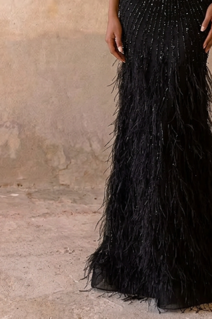 Gothic Black Sequin and Feather Evening Gown - Pretty Black Pretty Sequin Dress with Flutter Sleeves Plus Size
