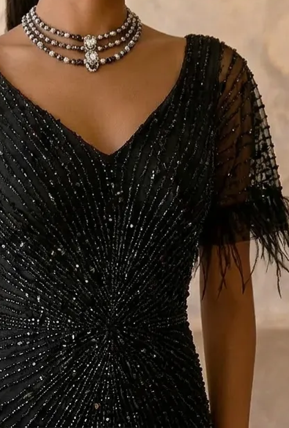 Gothic Black Sequin and Feather Evening Gown - Pretty Black Pretty Sequin Dress with Flutter Sleeves Plus Size