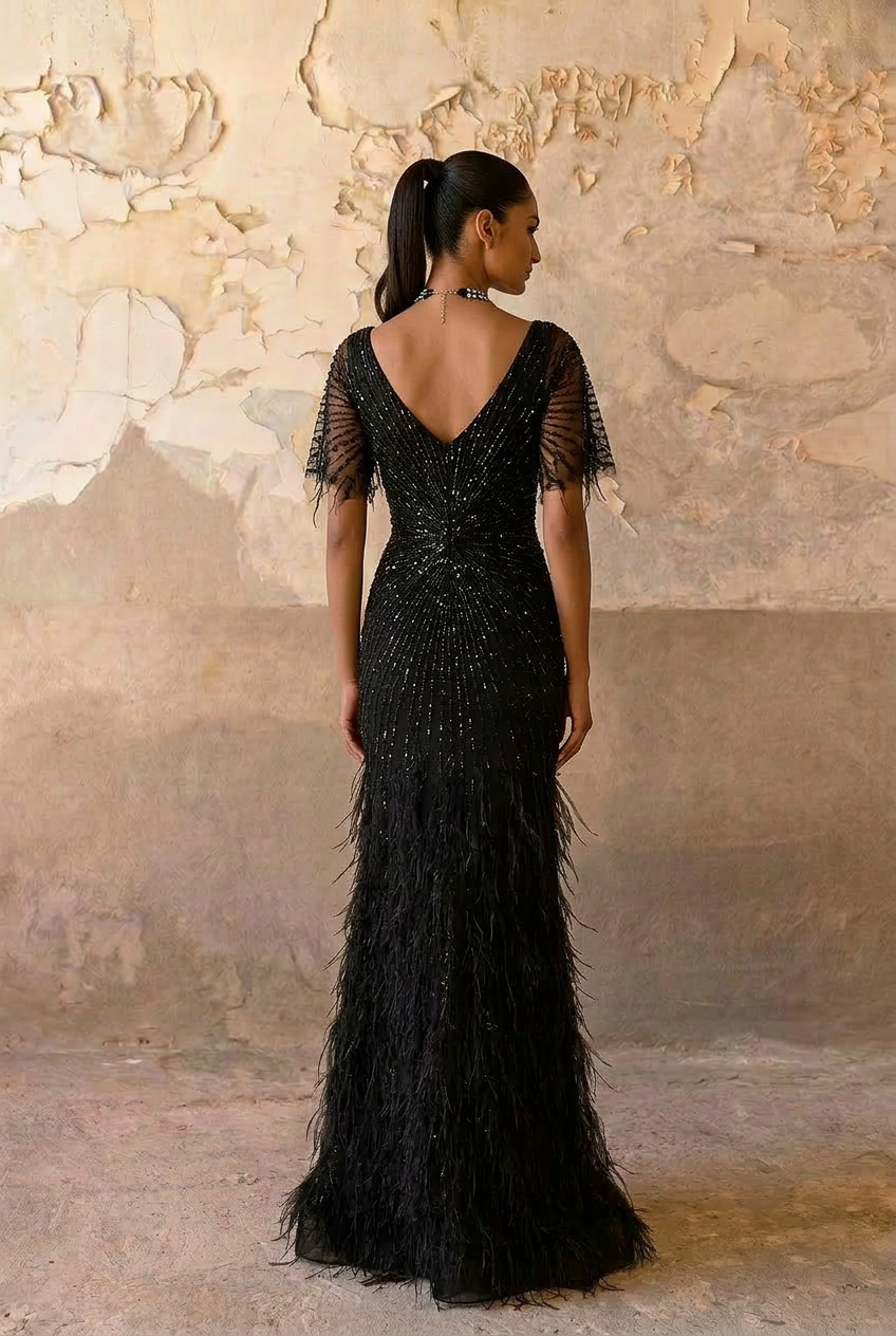 Gothic Black Sequin and Feather Evening Gown - Pretty Black Pretty Sequin Dress with Flutter Sleeves Plus Size