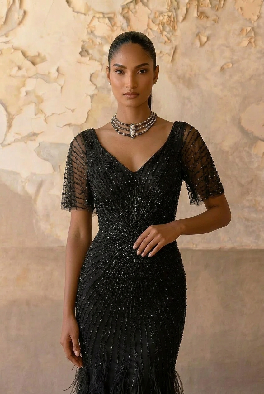 Gothic Black Sequin and Feather Evening Gown - Pretty Black Pretty Sequin Dress with Flutter Sleeves Plus Size