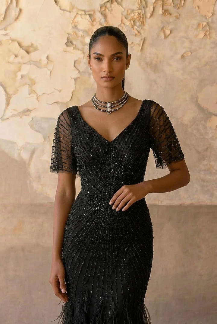 Gothic Black Sequin and Feather Evening Gown - Pretty Black Pretty Sequin Dress with Flutter Sleeves Plus Size