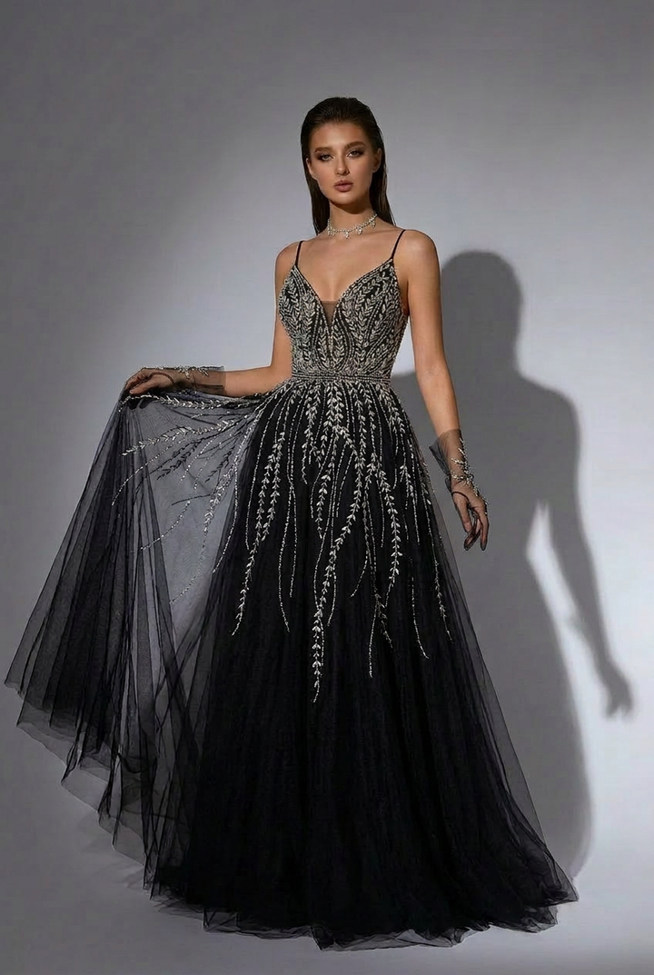 Gothic Black Sequin and Tulle Evening Gown - Elegant Sequin Dress with Spaghetti Straps Plus Size