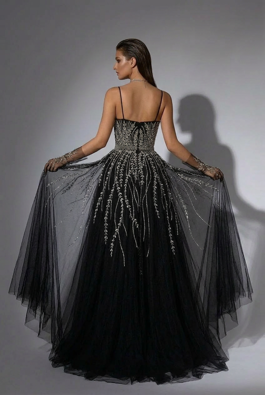 Gothic Black Sequin and Tulle Evening Gown - Elegant Sequin Dress with Spaghetti Straps Plus Size