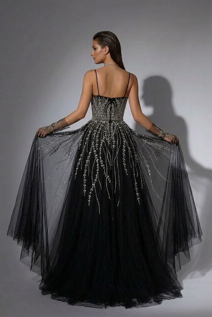 Gothic Black Sequin and Tulle Evening Gown - Elegant Sequin Dress with Spaghetti Straps Plus Size