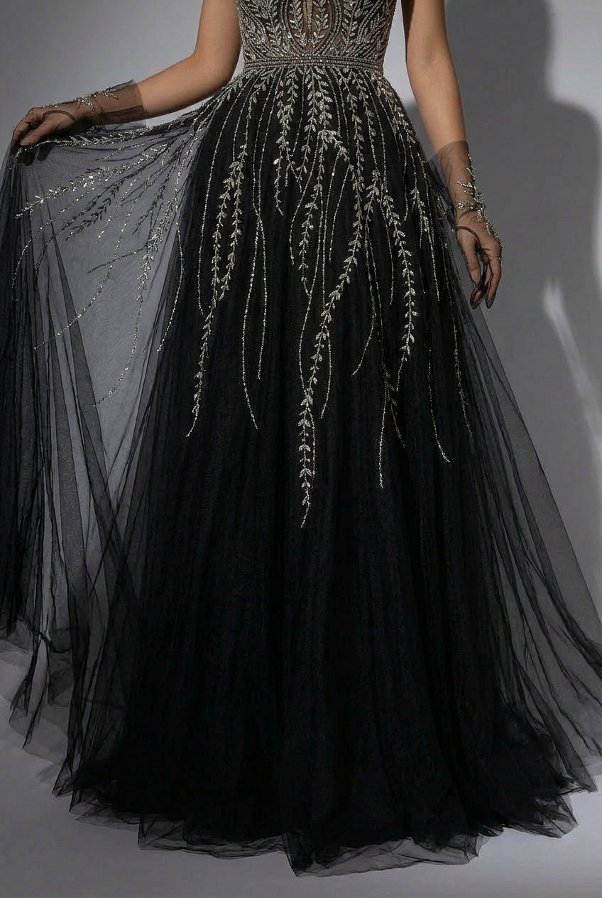 Gothic Black Sequin and Tulle Evening Gown - Elegant Sequin Dress with Spaghetti Straps Plus Size