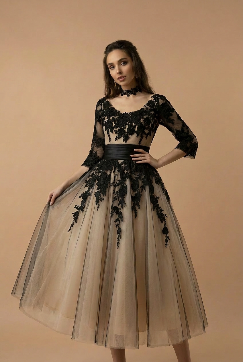 Gothic Black Short Lace Embroidered A-Line Wedding Formal Dress Plus Size Size 2 / Black / With Choker Gothic Black Short Lace Embroidered A-Line Wedding Formal Dress Plus Size Size 2 / Black / With Choker