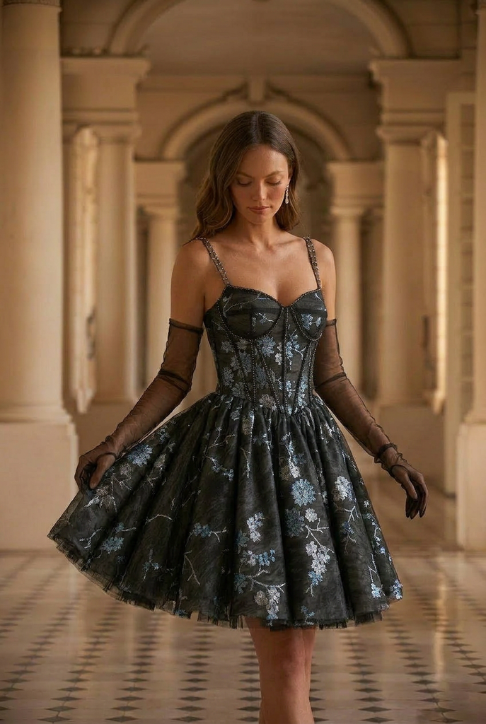Gothic Black Short Wedding Party Dress - Floral Embroidered Corset Party Dress