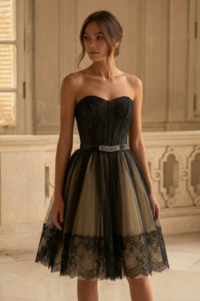 Gothic Black Short Wedding Party Dress with Strapless - Tulle and Lace Dress Gothic Black Short Wedding Party Dress with Strapless - Tulle and Lace Dress