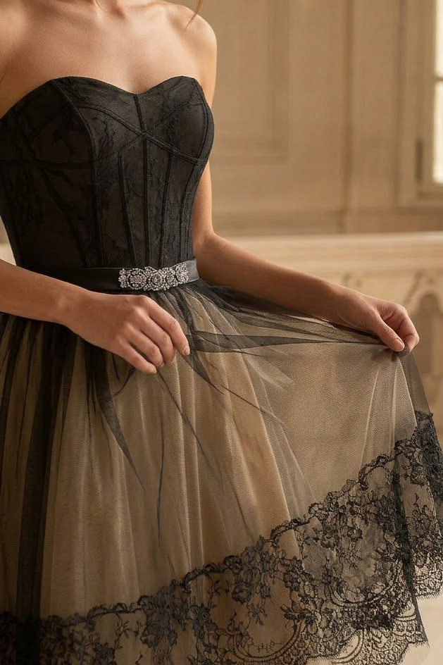 Gothic Black Short Wedding Party Dress with Strapless - Tulle and Lace Dress - Corset Bridal Gown Plus Size Size 10 / Black / Dress Gothic Black Short Wedding Party Dress with Strapless - Tulle and Lace Dress - Corset Bridal Gown Plus Size Size 10 / Black / Dress