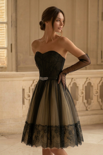 plus size black tulle dress Gothic Black Short Wedding Party Dress with Strapless - Tulle and Lace Dress