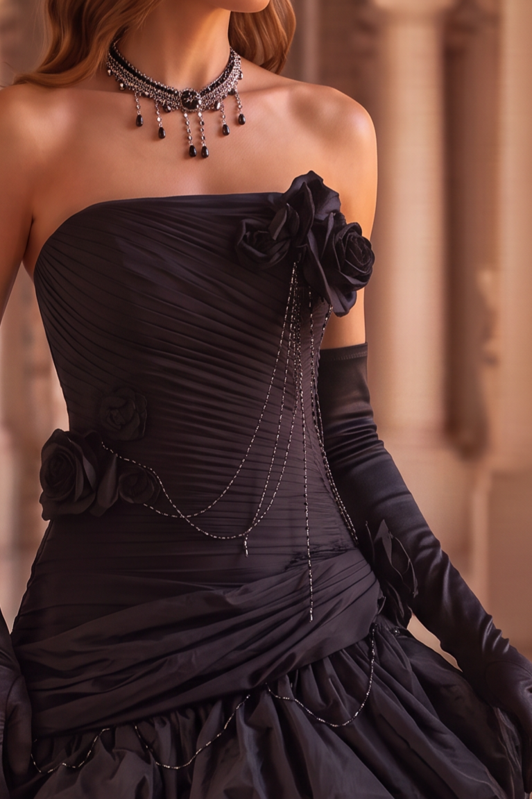 Gothic Black Strapless Evening Dress with Ruffled Skirt – Gothic Victorian Evening Dress with Corset Back Plus Size
