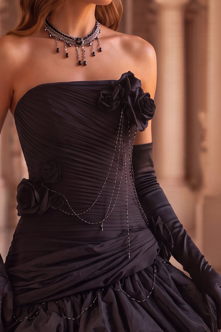 Gothic Black Strapless Evening Dress with Ruffled Skirt – Gothic Victorian Evening Dress with Corset Back Plus Size