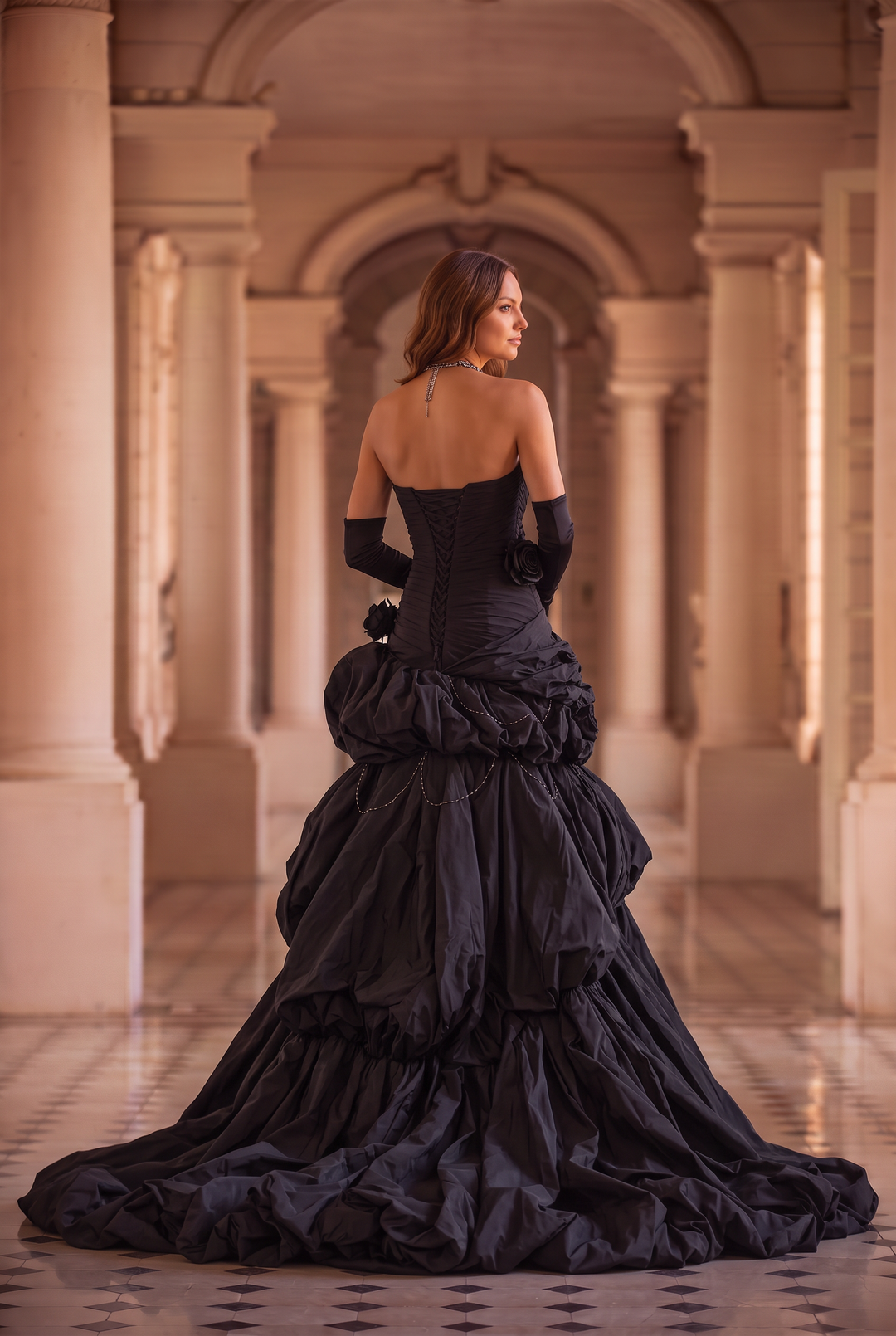 Gothic Black Strapless Evening Dress with Ruffled Skirt – Gothic Victorian Evening Dress with Corset Back Plus Size