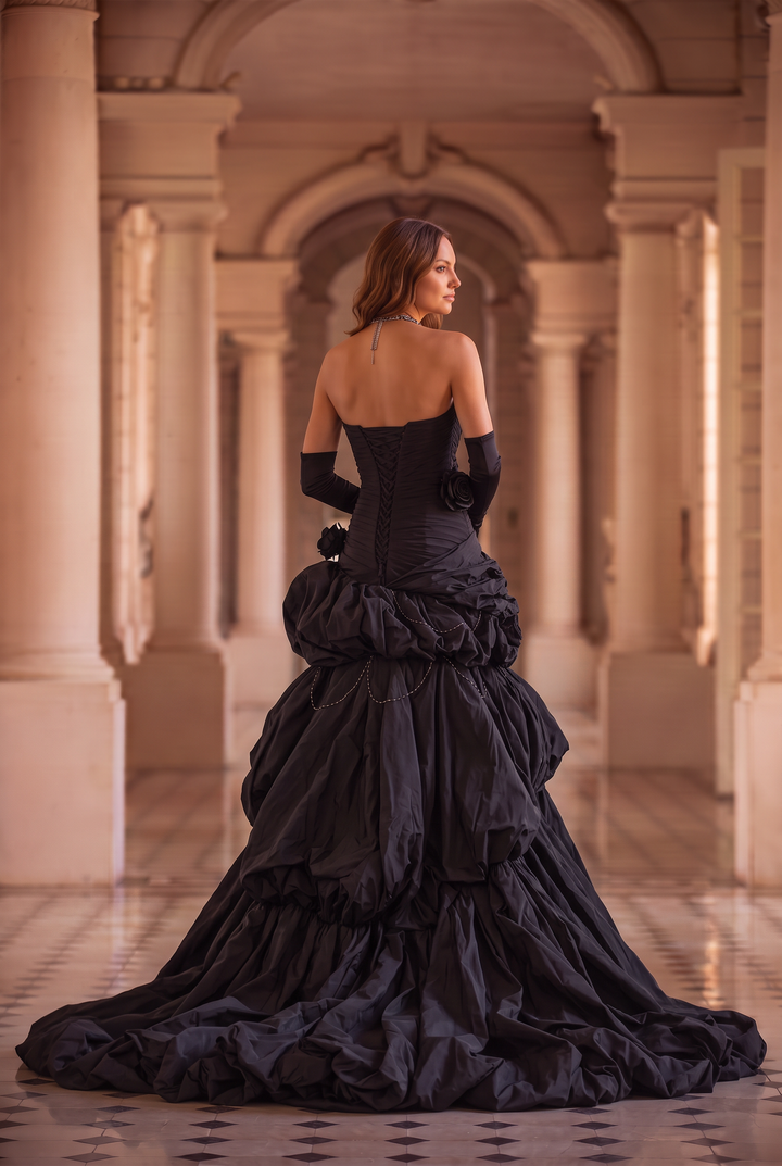 Gothic Black Strapless Evening Dress with Ruffled Skirt – Gothic Victorian Evening Dress with Corset Back Plus Size