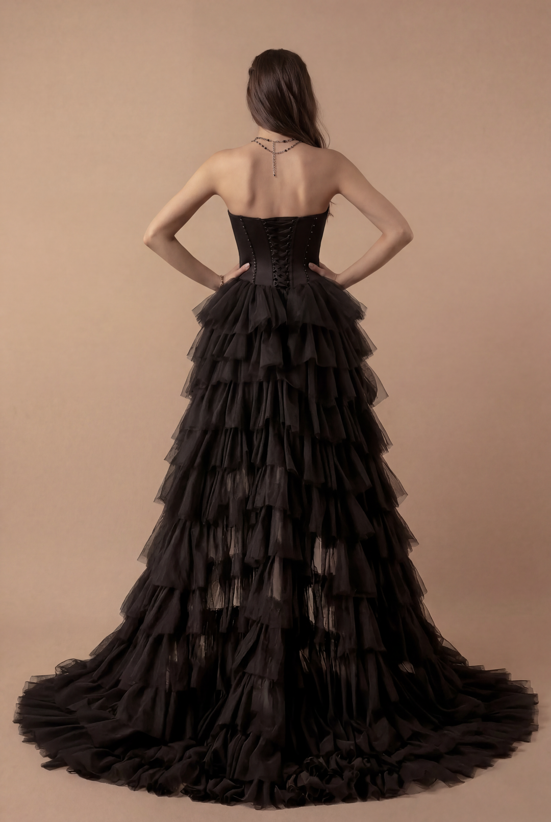 Gothic Black Strapless Evening Gown - Layered Tulle Ruffle Dress with Sweetheart neckline - Corset Tulle Dress - High-Low Dress Plus Size
