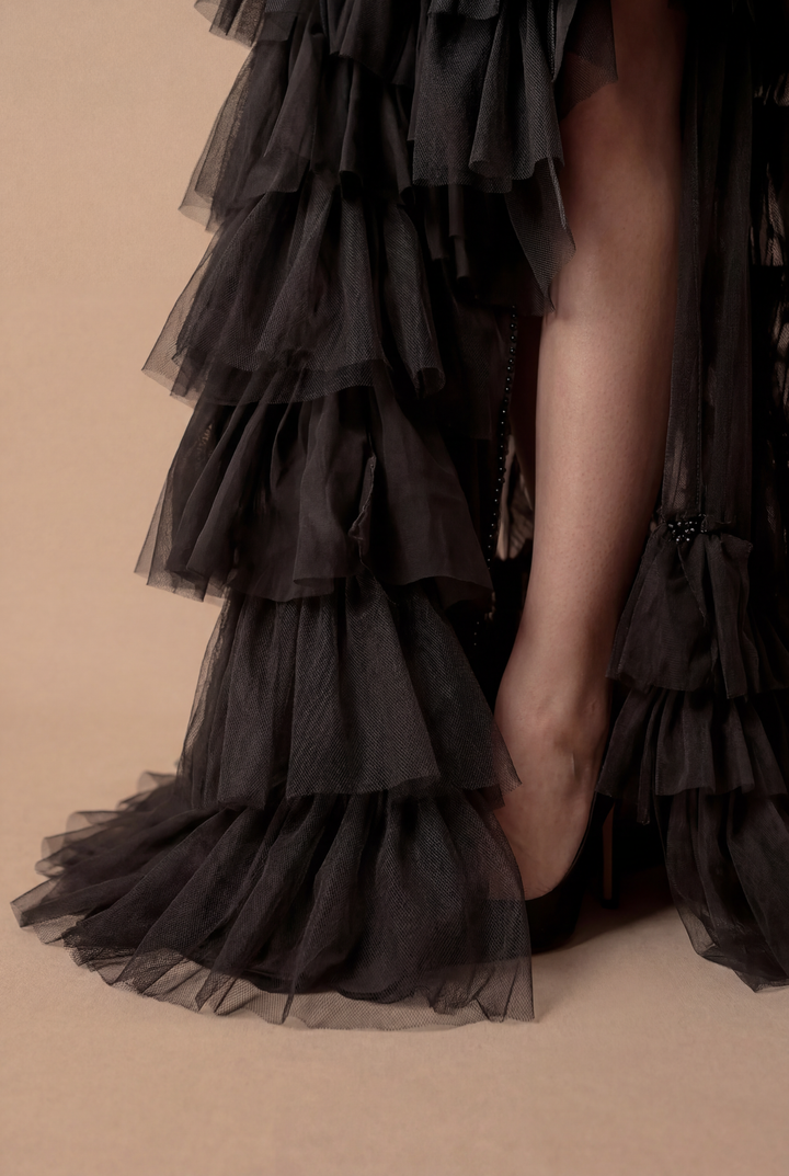 Gothic Black Strapless Evening Gown - Layered Tulle Ruffle Dress with Sweetheart neckline - Corset Tulle Dress - High-Low Dress Plus Size