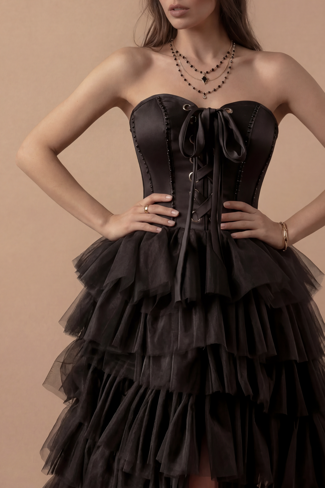 Gothic Black Strapless Evening Gown - Layered Tulle Ruffle Dress with Sweetheart neckline - Corset Tulle Dress - High-Low Dress Plus Size