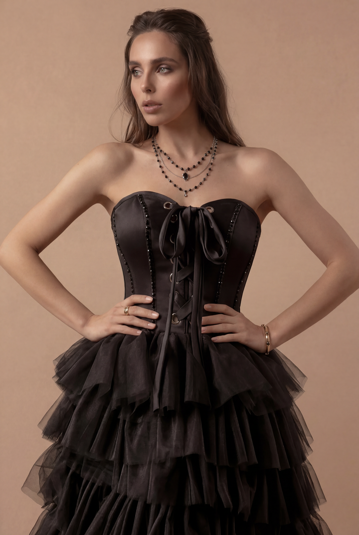 Gothic Black Strapless Evening Gown - Layered Tulle Ruffle Dress with Sweetheart neckline - Corset Tulle Dress - High-Low Dress Plus Size