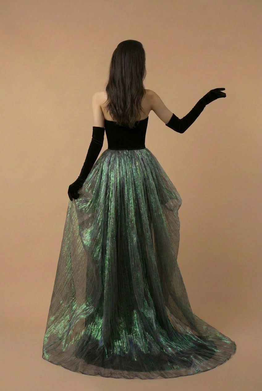 Gothic Black Strapless Evening Gown With Emerald Gauze -  Gothic Formal Dress Plus Size
