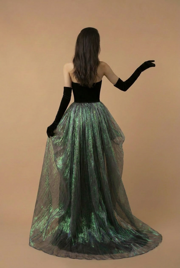 Gothic Black Strapless Evening Gown With Emerald Gauze -  Gothic Formal Dress Plus Size