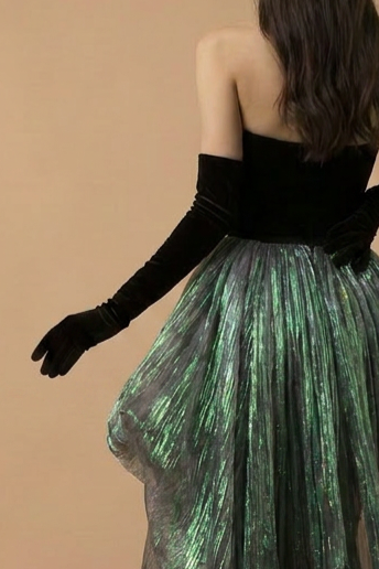 Gothic Black Strapless Evening Gown With Emerald Gauze -  Gothic Formal Dress Plus Size