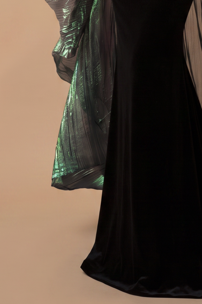 Gothic Black Strapless Evening Gown With Emerald Gauze -  Gothic Formal Dress Plus Size