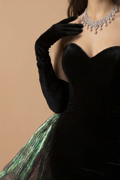 Gothic Black Strapless Evening Gown With Emerald Gauze -  Gothic Formal Dress Plus Size