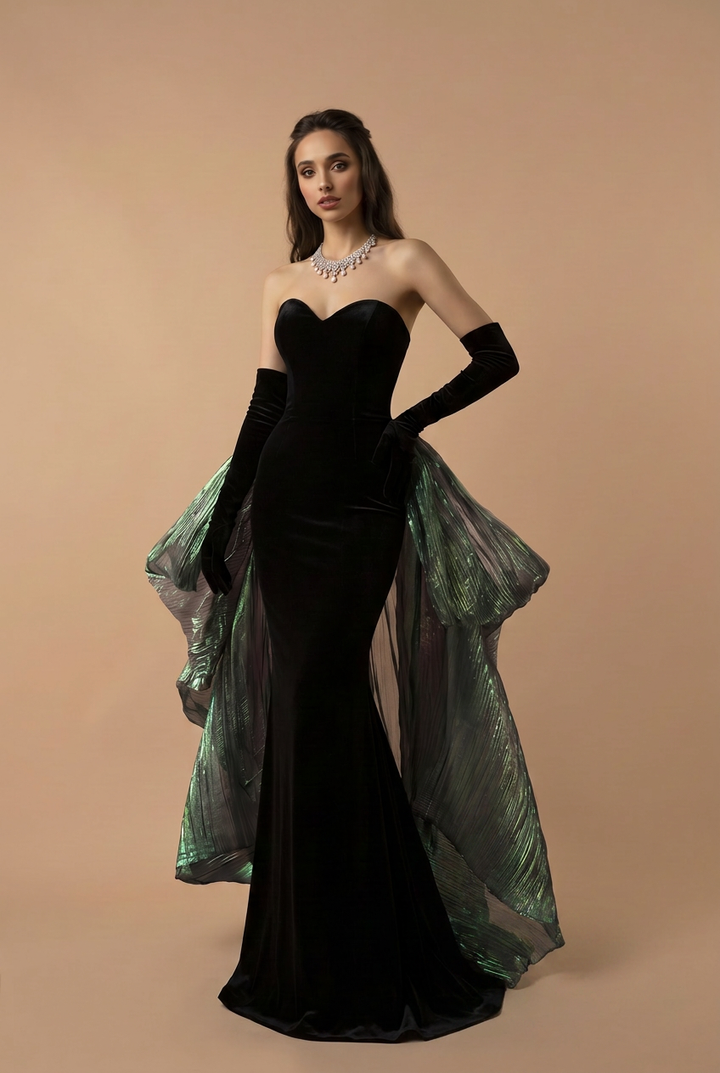 Gothic Black Strapless Evening Gown With Emerald Gauze -  Gothic Formal Dress Plus Size
