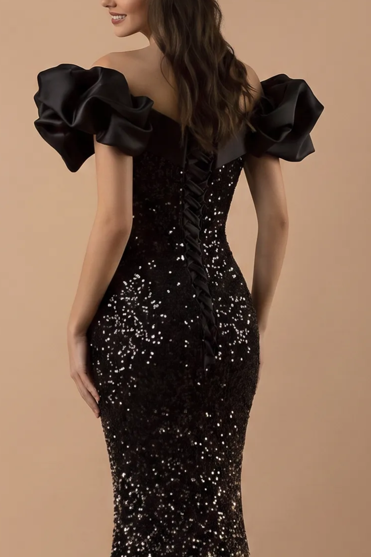 Gothic Black Tight-Gitted Prom Dress with Sequins - Mermaid Dress Evening Gown with Sparkling Detail - Off the Shoulder Dress Plus Size
